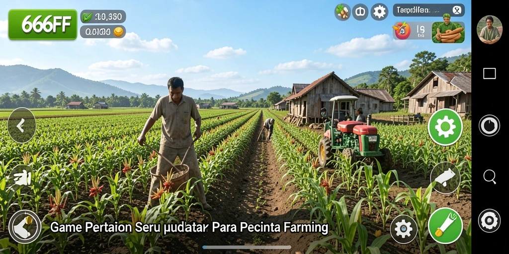 Screenshot gameplay <strong>666FF</strong> menunjukkan petani yang sedang merawat ladang.