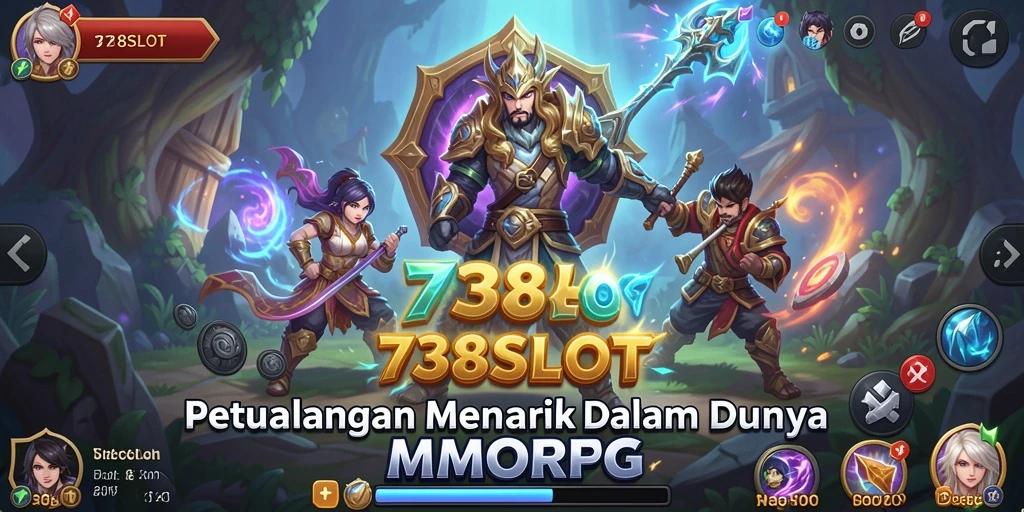 Screenshot utama 738SLOT menampilkan aksi pertempuran seru dalam MMORPG.