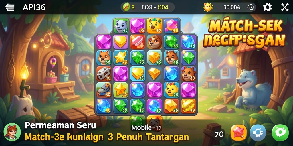 Tangkapan layar menunjukkan gameplay Match-3 yang seru dan penuh warna.