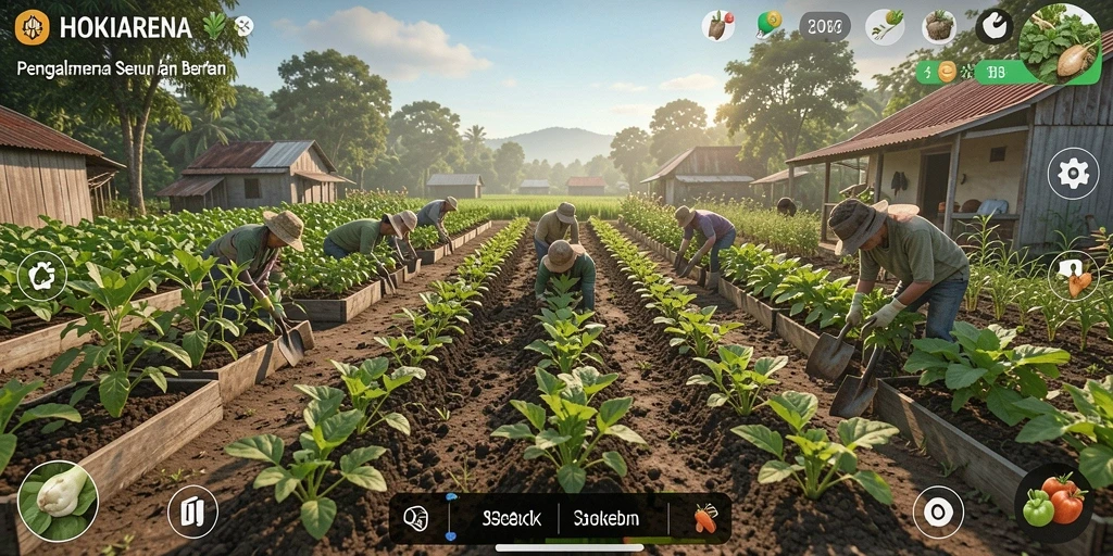 Screenshot gameplay HOKIARENA yang menampilkan kebun yang subur.