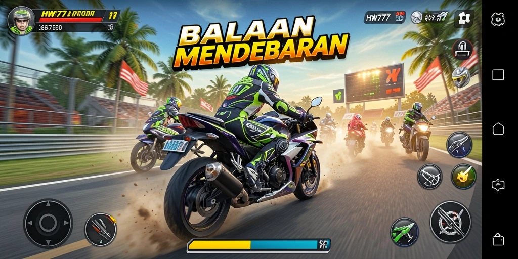 Tampilan gameplay HW777 yang seru dan menarik dengan balapan motor.