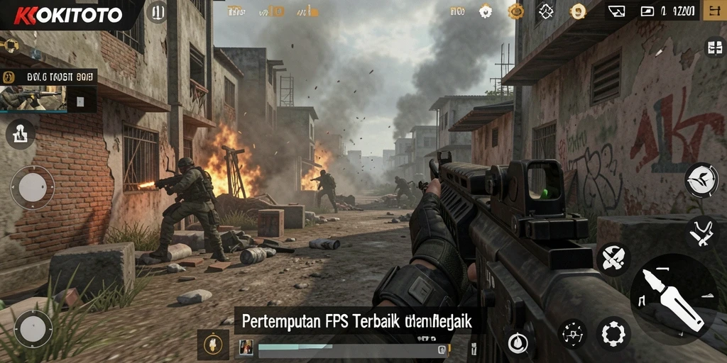 Screenshot KOKITOTO menampilkan aksi intens dalam pertempuran FPS.