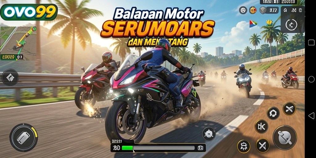 Gameplay seru OVO99 dengan balapan motor yang menegangkan.