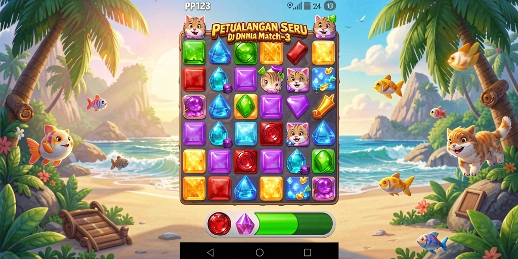 Screenshot gameplay PP123 menampilkan aksi seru mencocokkan permata.