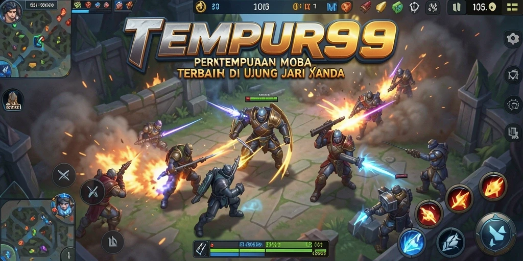 Tampilan seru gameplay TEMPUR99 dengan aksi pertempuran MOBA.